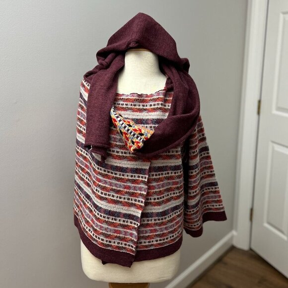 Anthropologie Moth Burgundy Multicolor Hooded Wrap Poncho Scarf Sweater - Picture 2 of 11